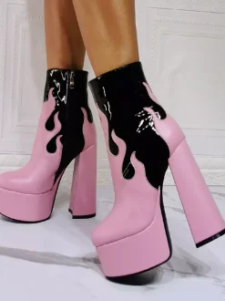 Bottines à Talons Hauts avec Plateforme Femme avec Bout Rond en Cuir Synthétique Bicolores
