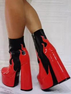 Bottines à Talons Hauts avec Plateforme Femme avec Bout Rond en Cuir Synthétique Bicolores