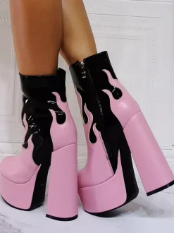 Bottines à Talons Hauts avec Plateforme Femme avec Bout Rond en Cuir Synthétique Bicolores