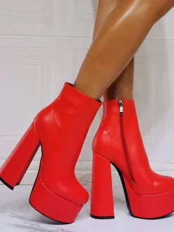 Bottines à Talons Hauts avec Plateforme Femme avec Bout Rond en Cuir Synthétique Unicolore