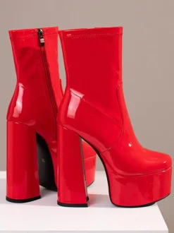 Bottines à Talons Hauts avec Plateforme en Cuir Synthétique avec Bout Pointu Unicolore