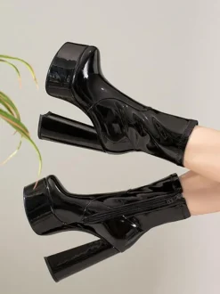 Bottines à Talons Hauts avec Plateforme en Cuir Synthétique avec Bout Pointu Unicolore