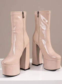 Bottines à Talons Hauts avec Plateforme en Cuir Synthétique avec Bout Pointu Unicolore