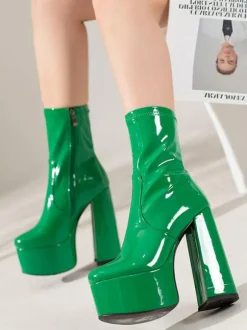 Bottines à Talons Hauts avec Plateforme en Cuir Synthétique avec Bout Pointu Unicolore
