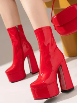 Bottines à Talons Hauts avec Plateforme en Cuir Synthétique avec Bout Pointu Unicolore