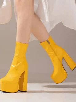Bottines à Talons Hauts avec Plateforme en Cuir Synthétique avec Bout Pointu Unicolore