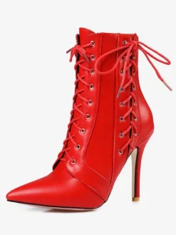 Bottines à talons hauts Bottines rouges à bout pointu Bottines à lacets en cuir brillant pour femmes