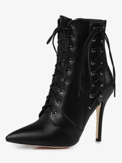 Bottines à talons hauts Bottines rouges à bout pointu Bottines à lacets en cuir brillant pour femmes