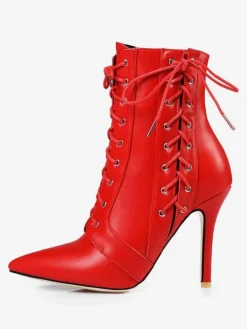 Bottines à talons hauts Bottines rouges à bout pointu Bottines à lacets en cuir brillant pour femmes