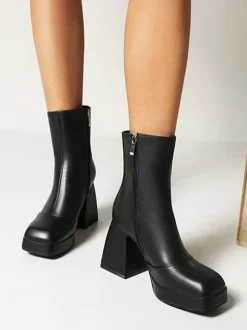 Bottines à Talons Hauts Femme avec Bout Carré en Cuir Synthétique Unicolore