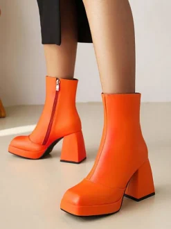 Bottines à Talons Hauts Femme avec Bout Carré en Cuir Synthétique Unicolore
