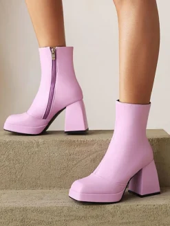 Bottines à Talons Hauts Femme avec Bout Carré en Cuir Synthétique Unicolore