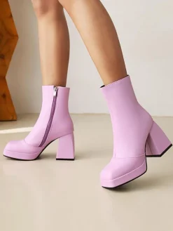 Bottines à Talons Hauts Femme avec Bout Carré en Cuir Synthétique Unicolore