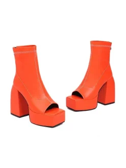 Bottines à Talons Hauts Femme en Cuir Synthétique avec Bout Ouvert Unicolore