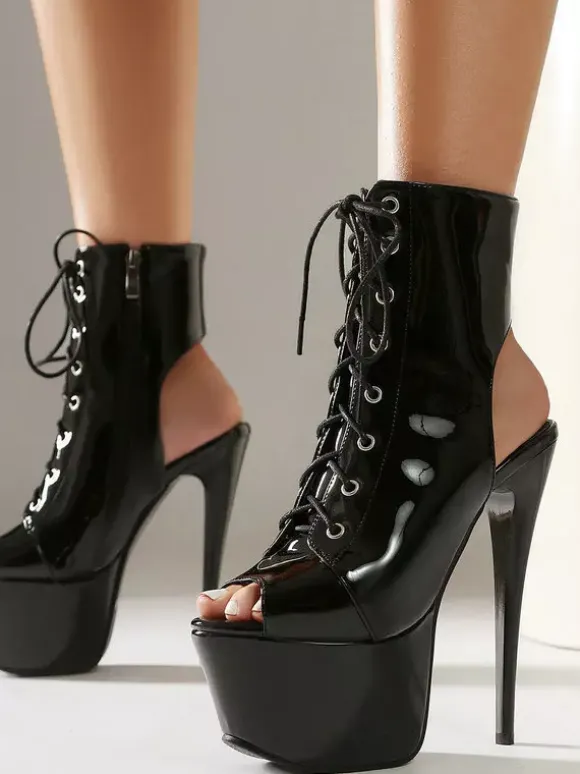 Bottines argentées à talons hauts plateforme bout ouvert bride arrière lacets