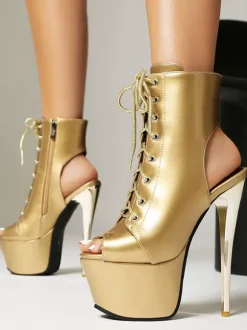 Bottines argentées à talons hauts plateforme bout ouvert bride arrière lacets