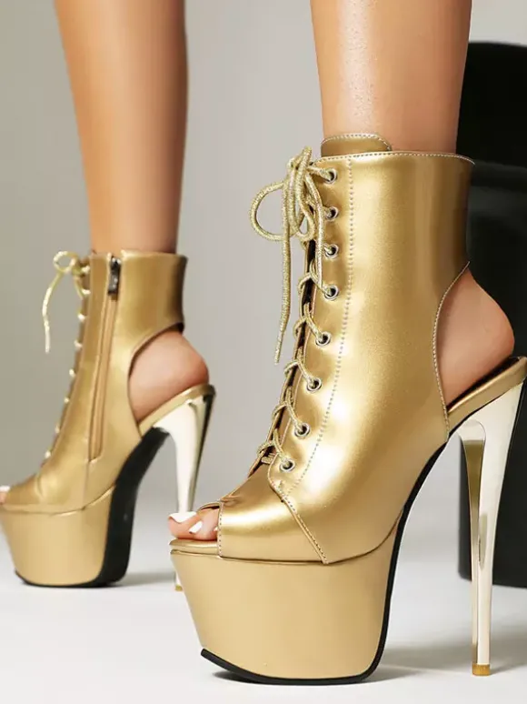 Bottines argentées à talons hauts plateforme bout ouvert bride arrière lacets