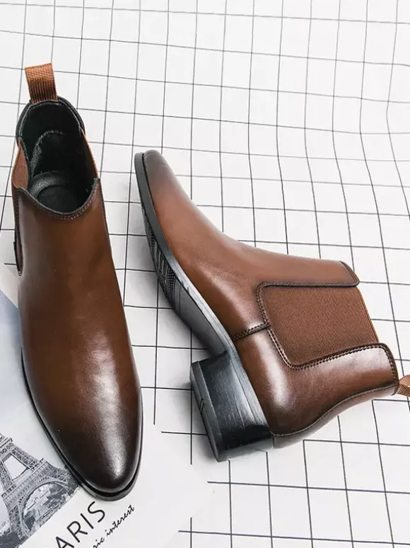 Bottines Chelsea courtes pour hommes bout pointu bruni en cuir avec bande élastique à enfiler antidérapantes imperméables décontractées