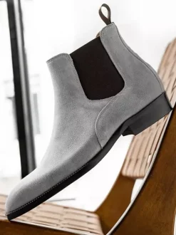Bottines Chelsea en daim gris pour hommes Bottines à bout rond en cuir