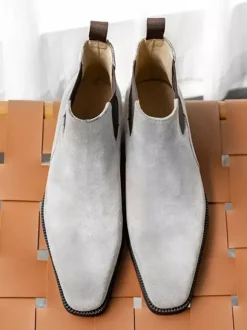 Bottines Chelsea en daim gris pour hommes Bottines à bout rond en cuir