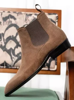 Bottines Chelsea en daim gris pour hommes Bottines à bout rond en cuir