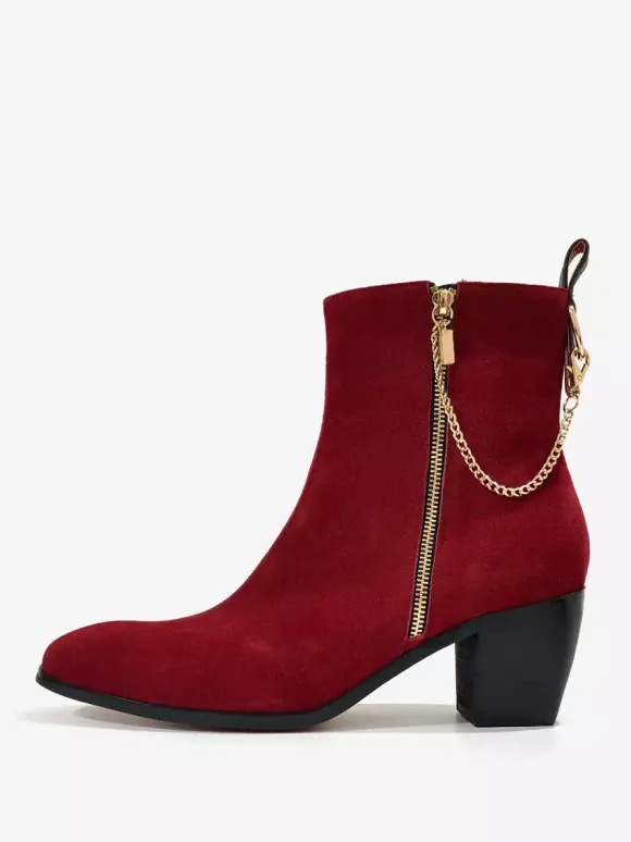 Bottines Chelsea Hommes En Micro-Suède Bordeaux Avec Bout Pointu Chaîne