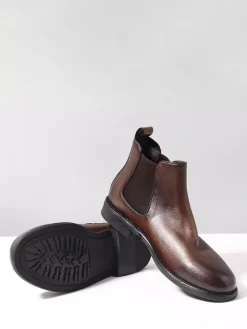 Bottines Chelsea marron en cuir véritable bout rond à enfiler