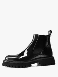 Bottines Chelsea pour hommes en cuir de vachette verni noir bout rond semelle épaisse bottines Martin