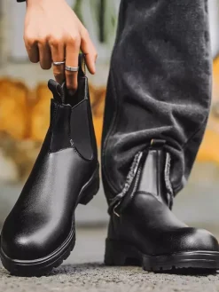Bottines Chelsea pour homme à talon bas semelle antidérapante bout rond en cuir.