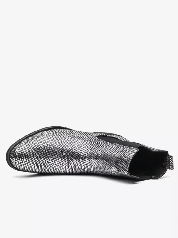 Bottines Chelsea pour homme à bout pointu en cuir brillant imprimé python avec talon bas