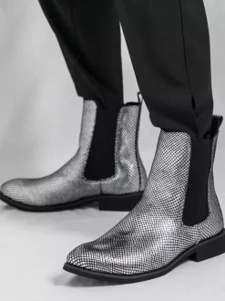 Bottines Chelsea pour homme à bout pointu en cuir brillant imprimé python avec talon bas