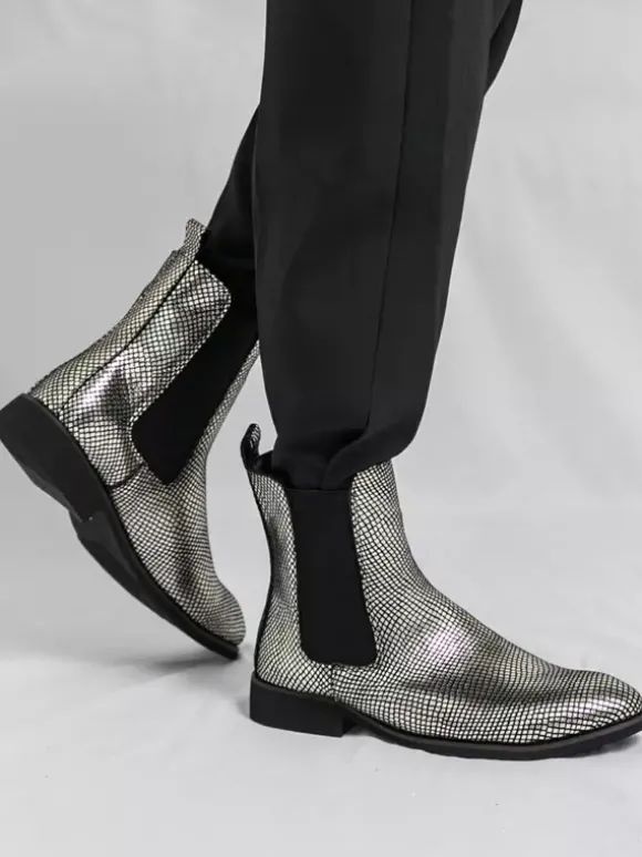 Bottines Chelsea pour homme à bout pointu en cuir brillant imprimé python avec talon bas