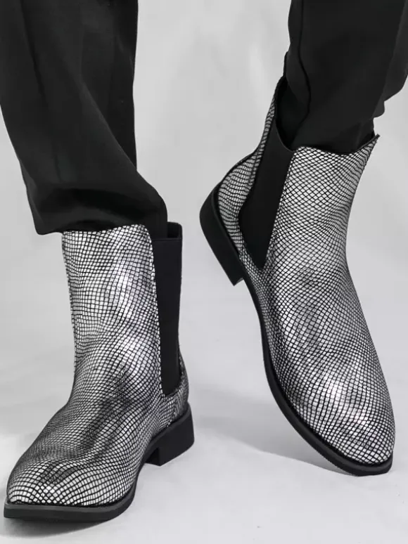 Bottines Chelsea pour homme à bout pointu en cuir brillant imprimé python avec talon bas