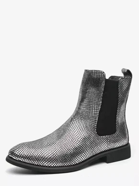 Bottines Chelsea pour homme à bout pointu en cuir brillant imprimé python avec talon bas