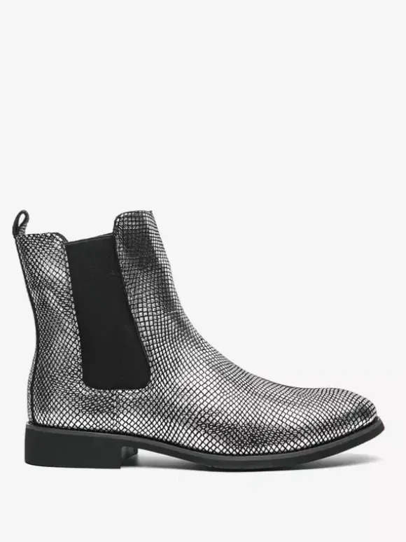 Bottines Chelsea pour homme à bout pointu en cuir brillant imprimé python avec talon bas