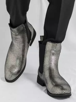 Bottines Chelsea pour homme à bout pointu en cuir brillant imprimé python avec talon bas