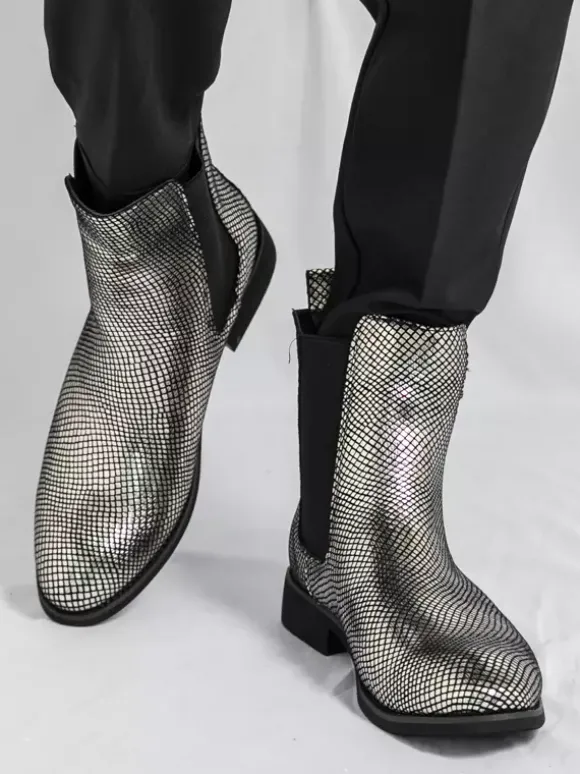 Bottines Chelsea pour homme à bout pointu en cuir brillant imprimé python avec talon bas