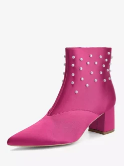 Bottines de mariage en satin à bout pointu et talons épais avec perles
