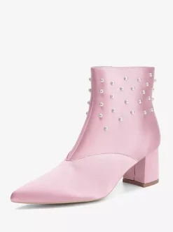 Bottines de mariage en satin à bout pointu et talons épais avec perles