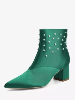 Bottines de mariage en satin à bout pointu et talons épais avec perles