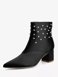 Bottines de mariage en satin à bout pointu et talons épais avec perles