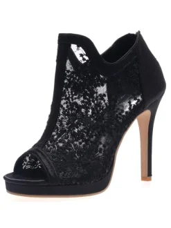 Bottines de mariée bout ouvert talon haut en dentelle blanche Chaussures de mariée