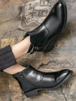 Bottines en cuir pour homme bout pointu boucle réglable fermeture éclair intérieure bottes d'affaires