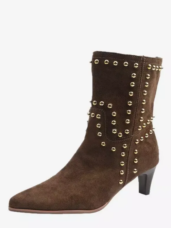 Bottines en daim pour femmes bout pointu cloutées talon épais