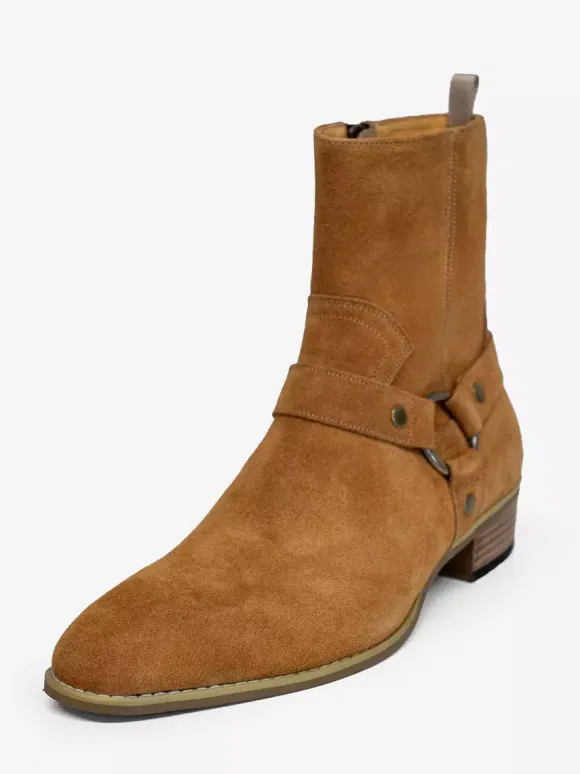 Bottines en daim pour hommes bout rond boucle talon épais style décontracté