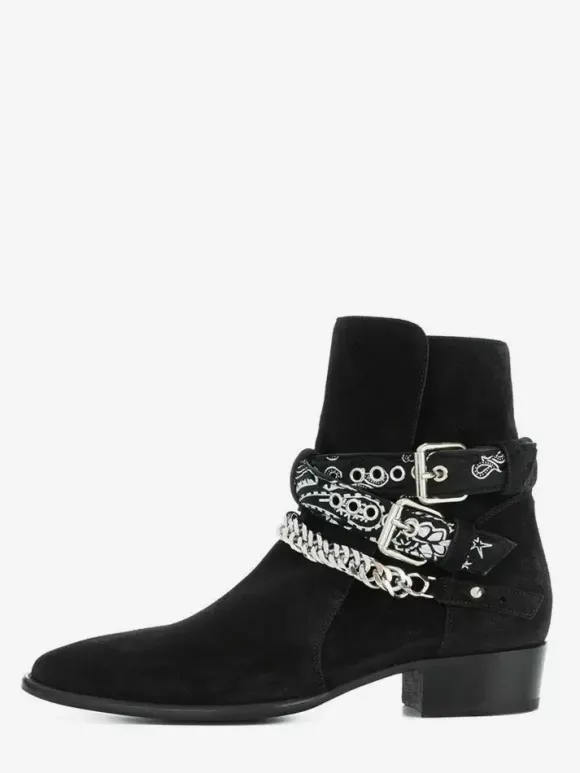 Bottines en daim pour homme bout rond détail chaîne talon épais