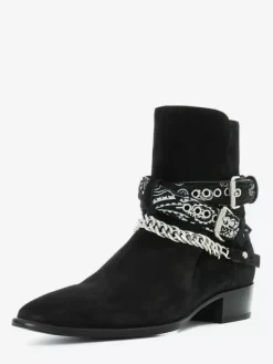 Bottines en daim pour homme bout rond détail chaîne talon épais