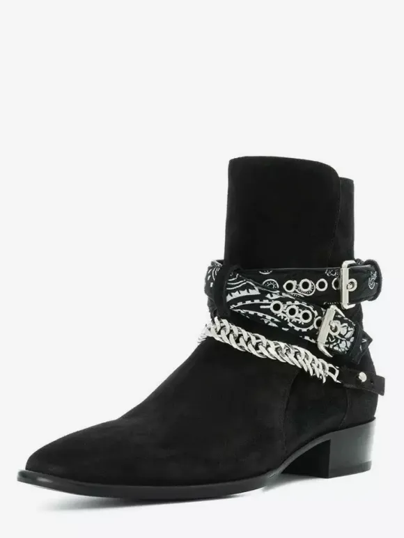 Bottines en daim pour homme bout rond détail chaîne talon épais