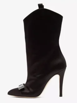 Bottines en satin à bout pointu et n艙ud pour femmes à talons hauts