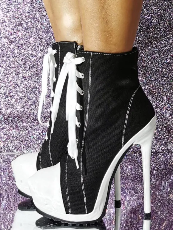 Bottines en toile à talon aiguille et bout rond pour femmes